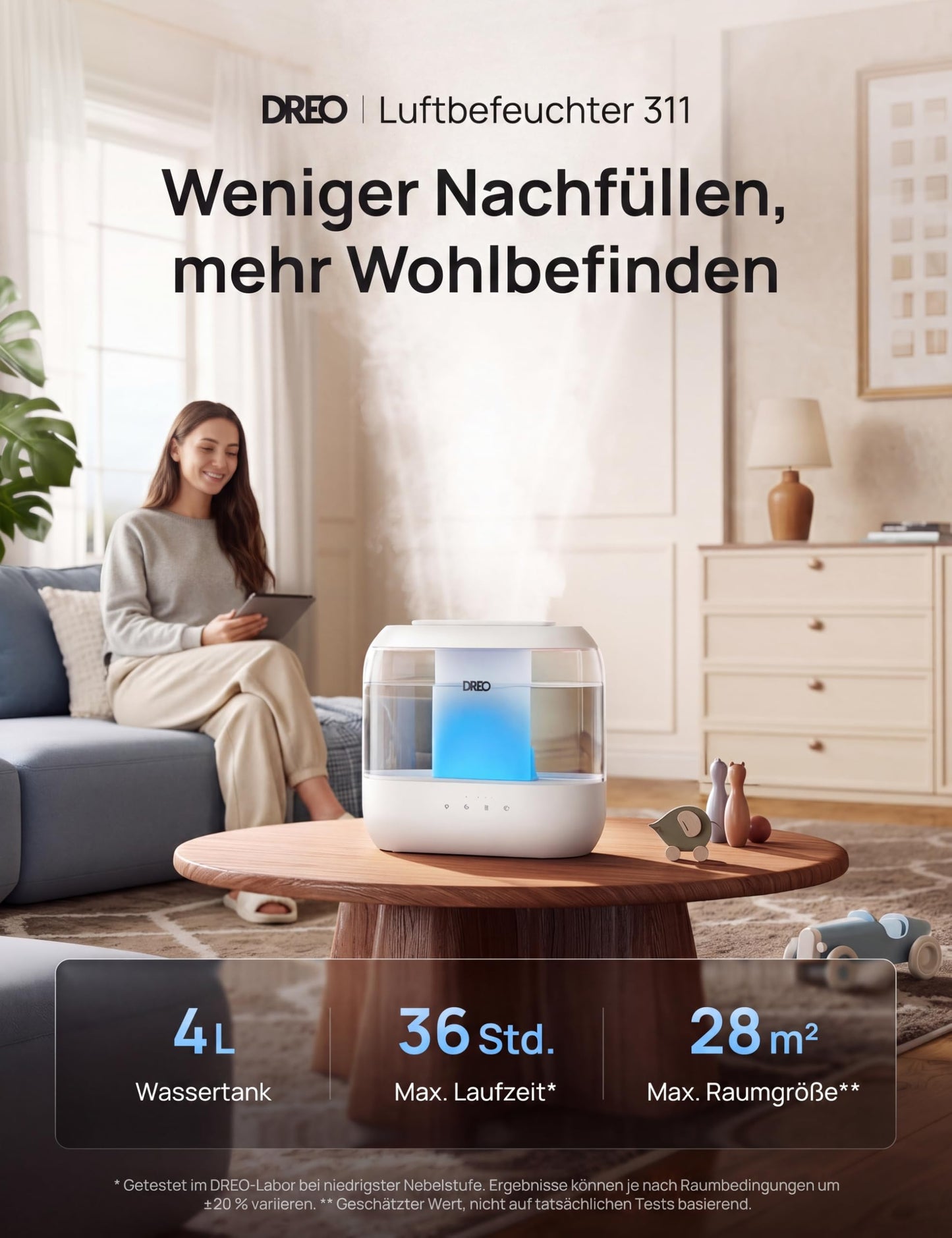 Dreo Humidifier for Bedroom, Top Fill 4L Supersized Cool Mist Humidifier with Oil Diffuser and Night Light, 36H Runtime, Quiet Ultrasonic Humidifier for Baby Nursery and Plants - DR-HHM001