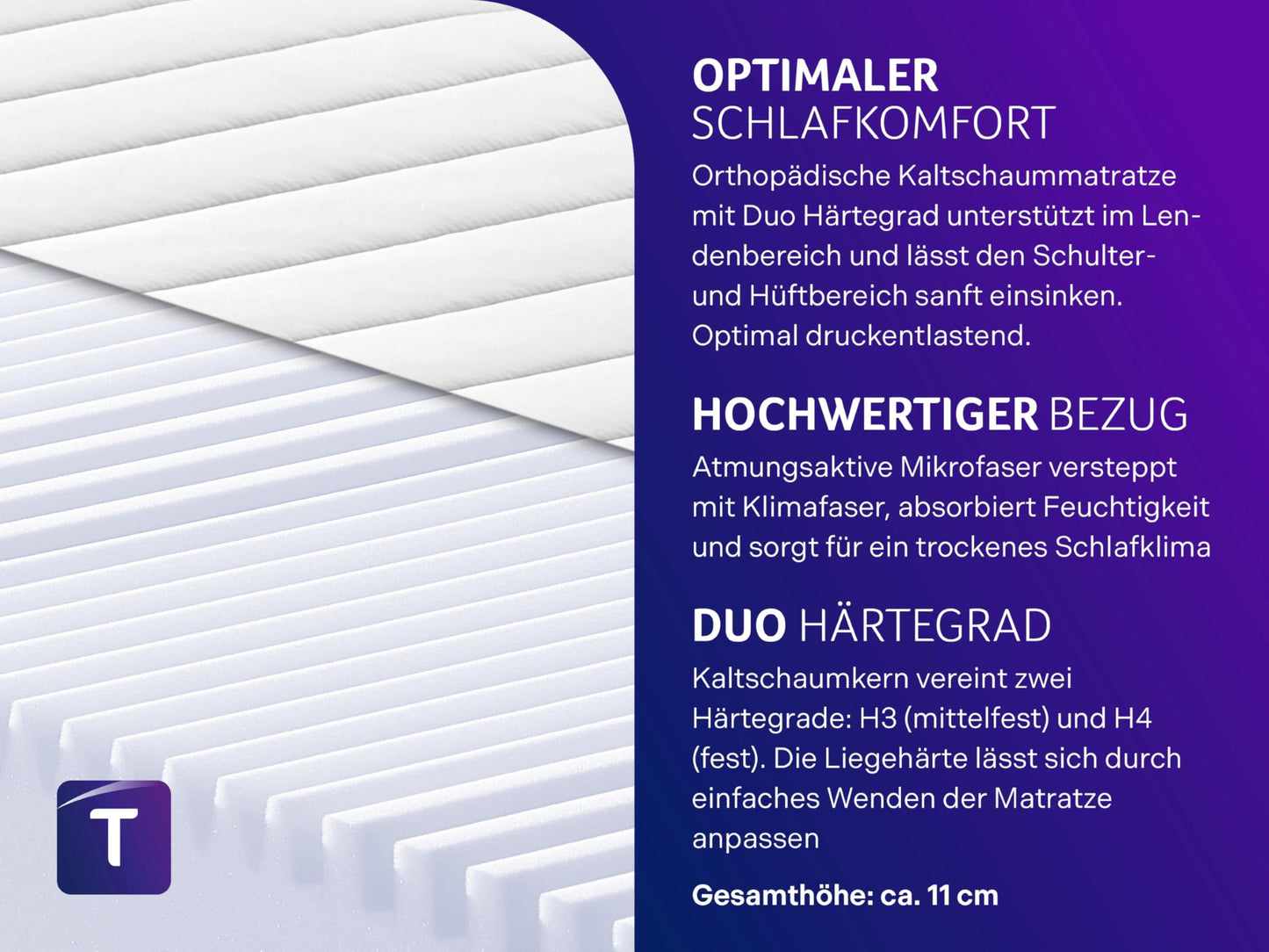 Dream Night Easy Comfort Duo cold foam mattress 140x200 cm | H3 & H4 | Ergonomic & breathable | Oeko-Tex certified | 11 cm height | Hypoallergenic & Antibacterial | German quality standard - 03900792143