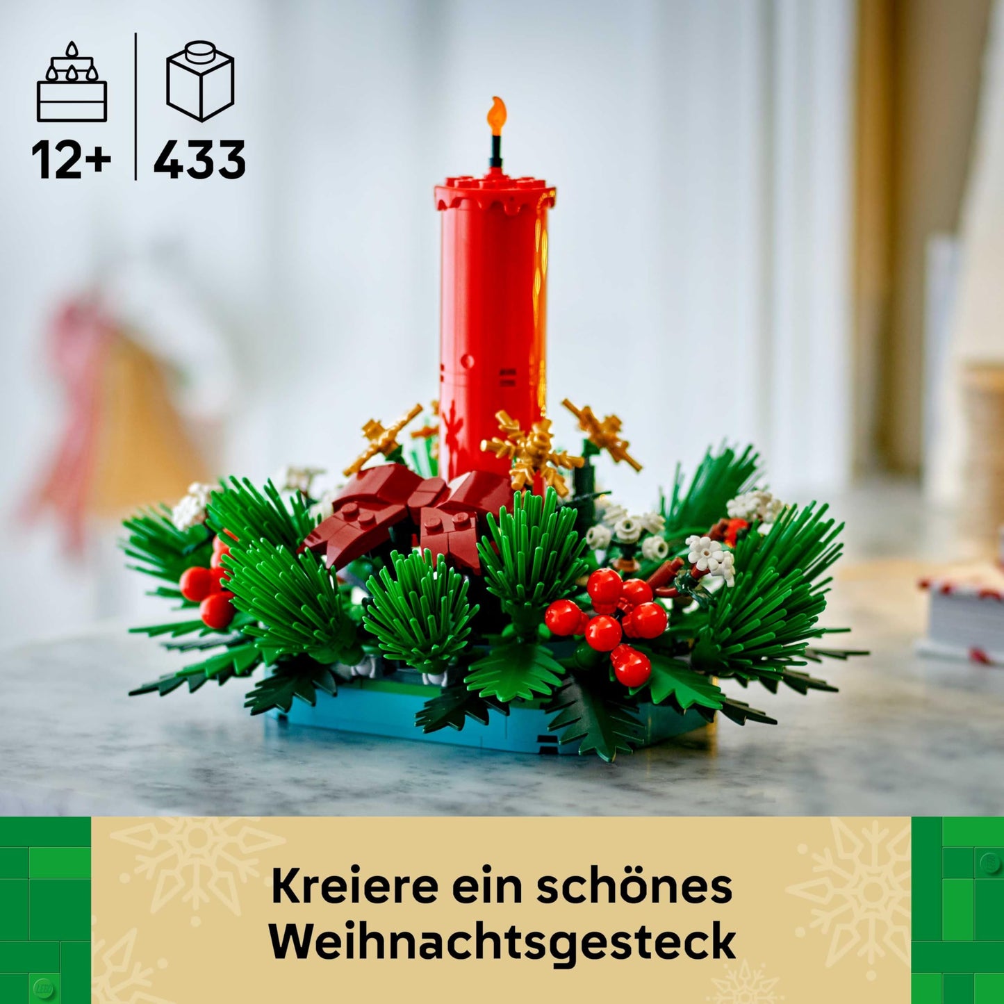 LEGO Christmas arrangement - DIY table decoration and candlestick with berries, stars, leaves - craft set for children and family - Christmas gift for girls and boys aged 12 and over - 40743