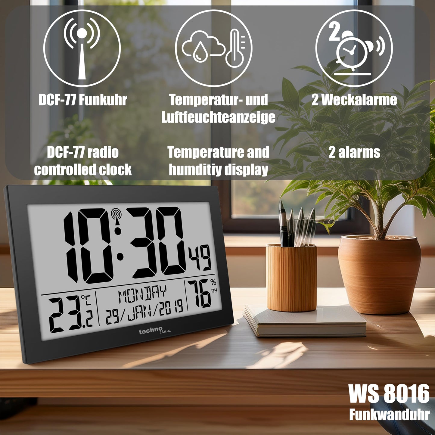 Technoline WS 8016 digital radio wall clock with DCF radio clock | Temperature & Humidity | 2 alarms | Calendar | large LCD display | Wall or table clock | black - WS8016SCHWARZ