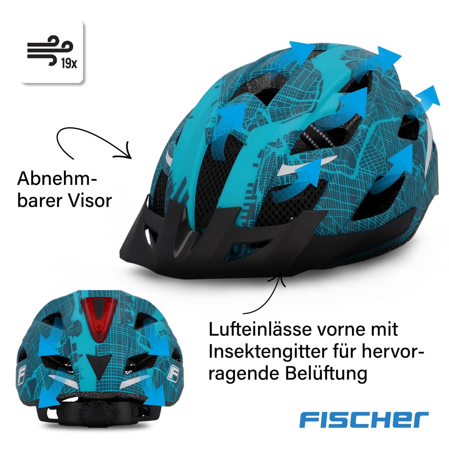 Fischer adult bicycle helmet, cycling helmet, city helmet Urban Plus NY, S/M, 52-59cm, blue, with integrated LED rear light - 50448