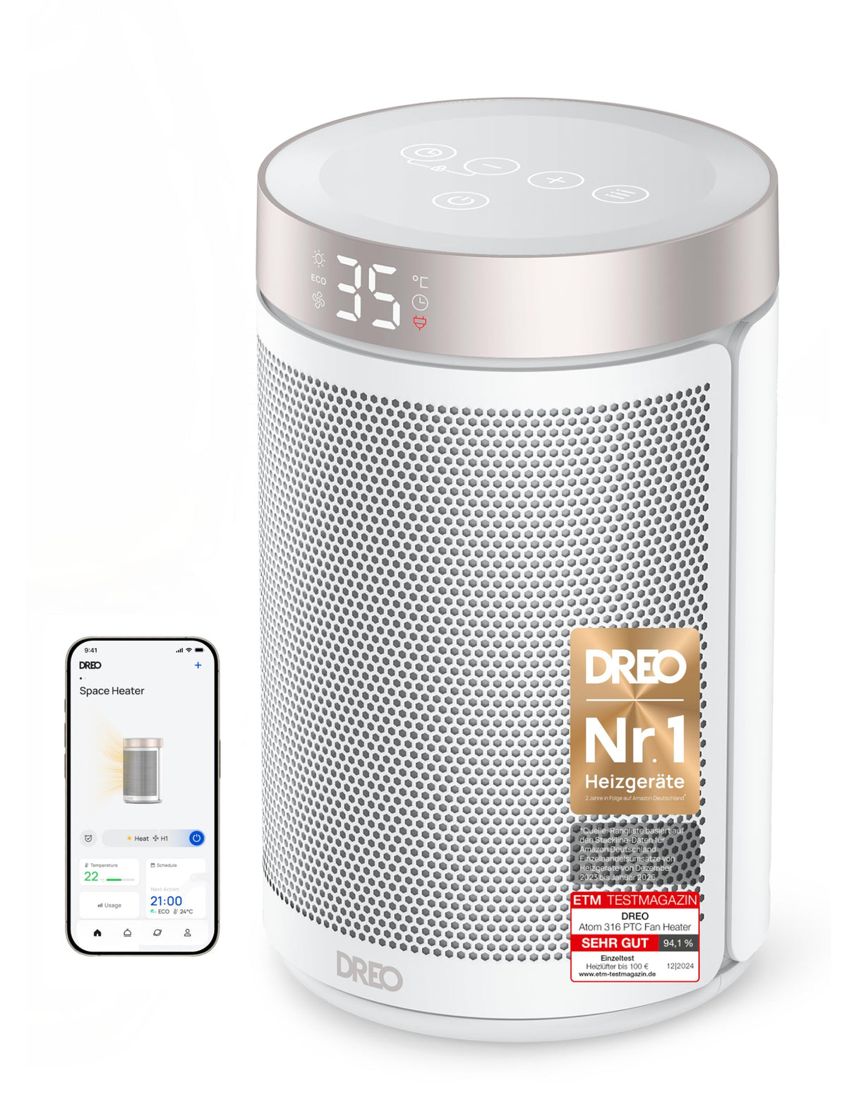 Dreo Radiator cu economie de energie, 1500W, încălzitor de cameră silențios și eficient, încălzitor portabil cu ventilator din ceramică, termostat, 3 moduri, temporizator de 12 ore, protecție împotriva supraîncălzirii și răsturnării, pentru dormitor,
