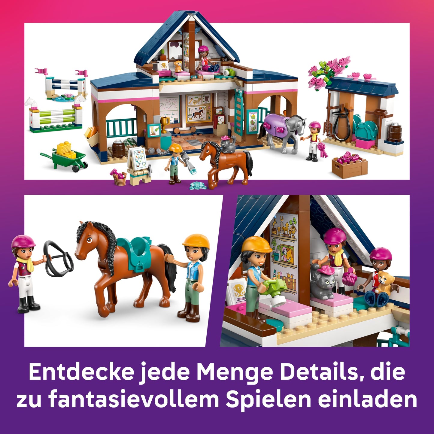 LEGO Friends horse stable and riding school - learning playset with 3 mini dolls, 2 horse figures, a puppy and care accessories - birthday gift for girls aged 7 and over - 42688