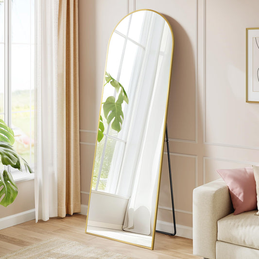 SONGMICS Full Length Mirror 150x40cm Curved Standing Mirror Aluminum Alloy Frame Tempered Glass for Bedroom Living Room Cloakroom Pale Gold LFM035AB01