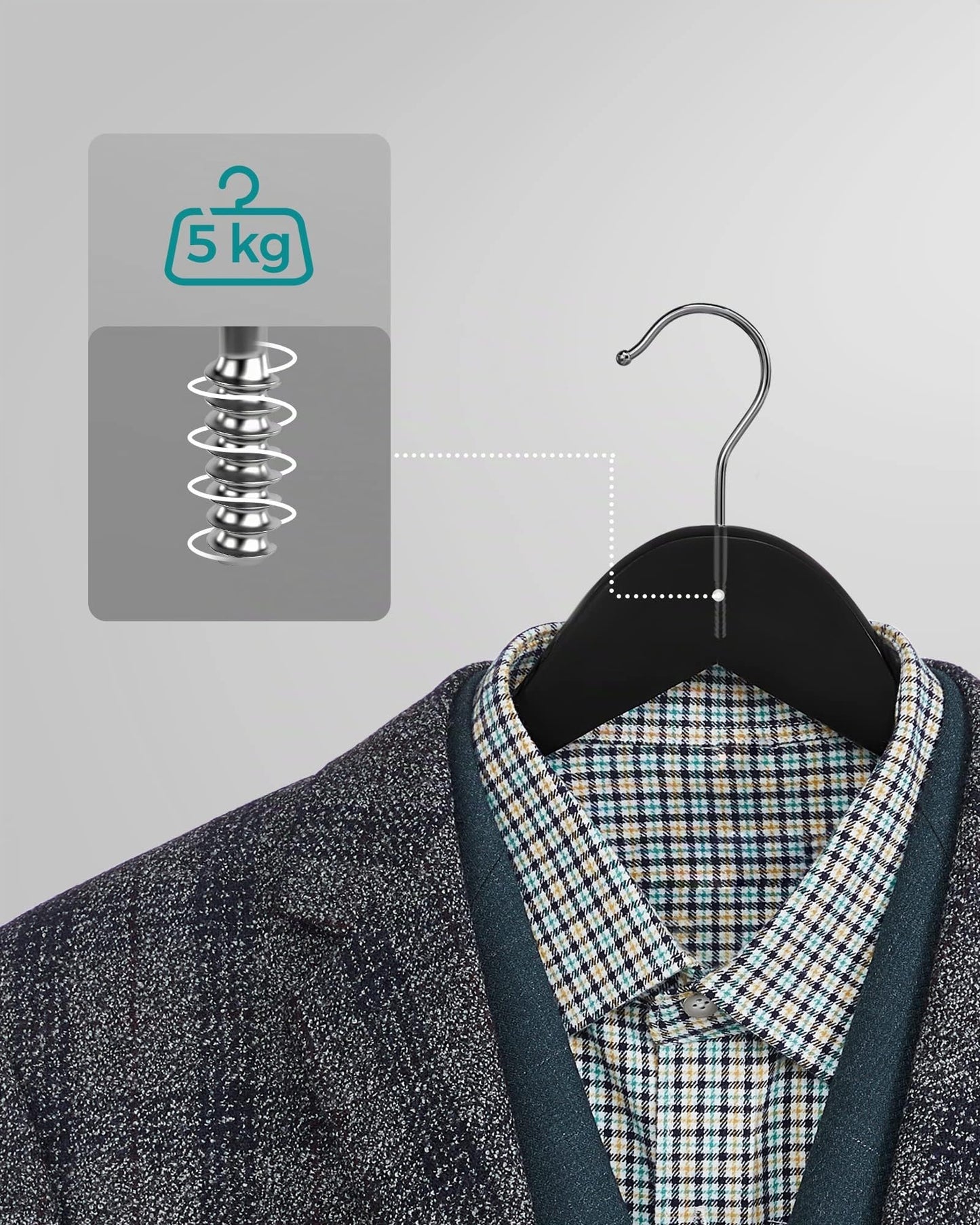 SONGMICS wooden clothes hangers, set of 50, hangers made of solid wood, notches in the shoulder area, non-slip trouser bar, 360° rotating hook, for suits, shirts, black-silver CRW02B-50