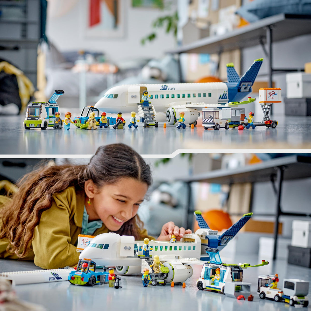LEGO 60367 City Passenger Airplane Toy Set, large airplane model with airport ground crew vehicles: apron bus, pushback tug, catering loader, baggage cart, and 9 minifigures.
