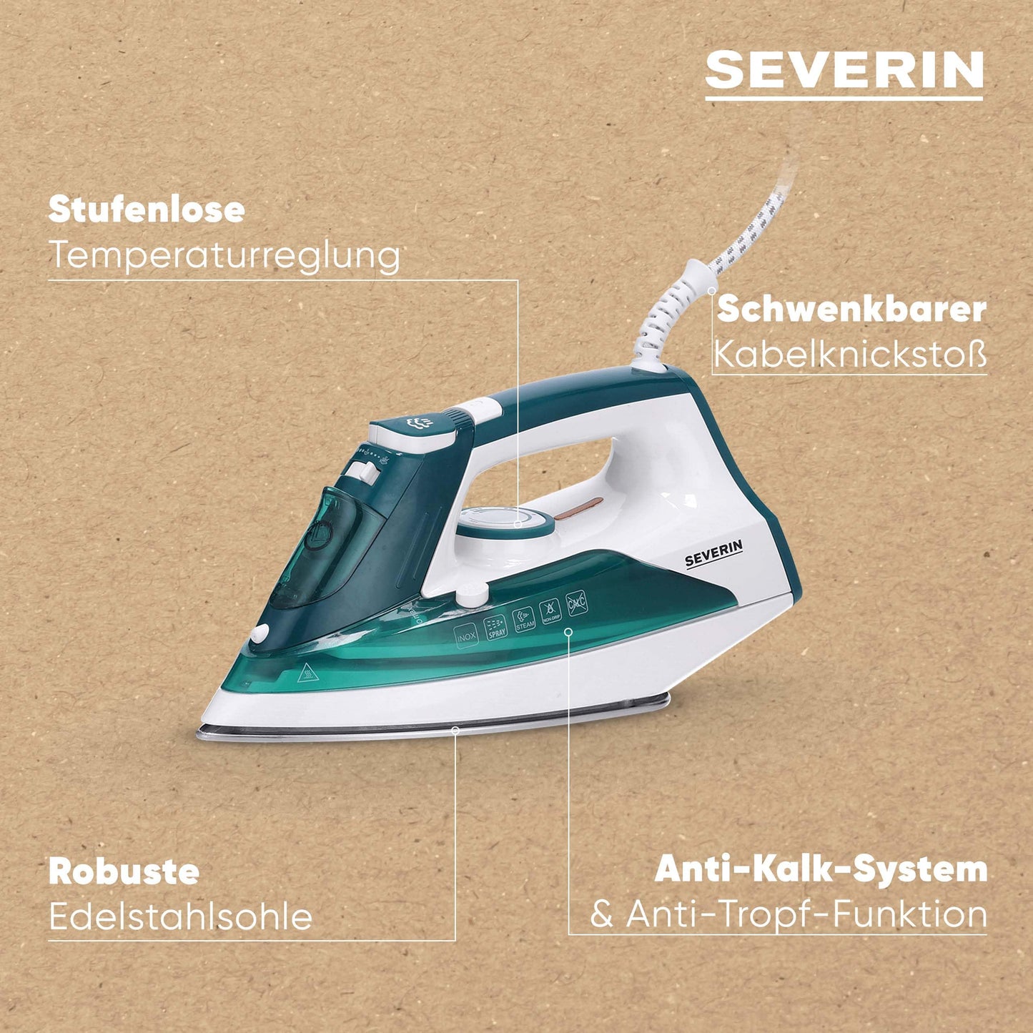 SEVERIN steam iron with robust stainless steel sole, 2400W, 85g, min steam boost, 30g, min variable steam output, removable water tank, anti-drip function, 175 ml, white-green, BA 3261