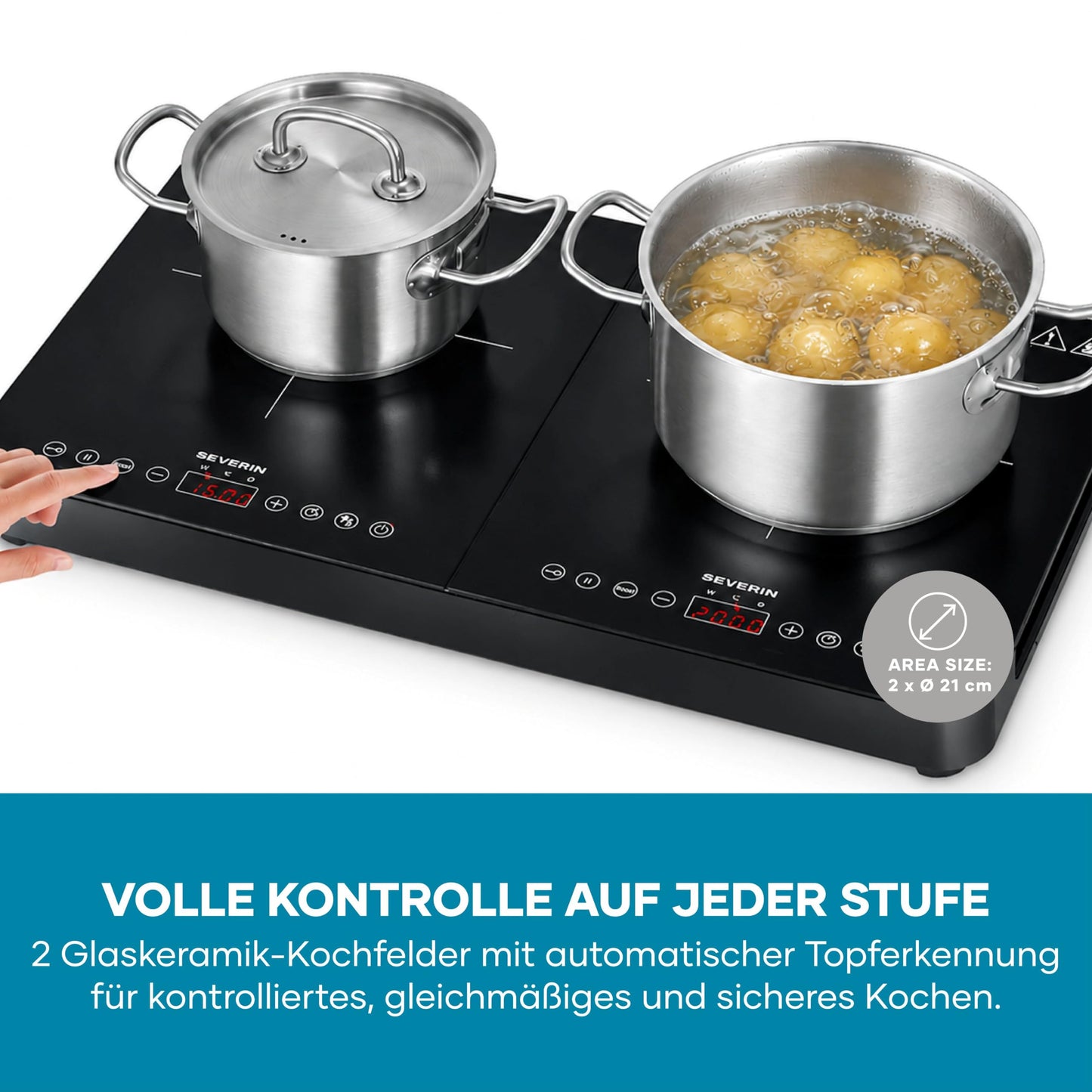 Severin induction hob, 2 plates, 10 power levels, temperature range 60-240°C, touch display, matt hotplates, less prone to scratches, glass ceramic hobs, black, 3,400 W, DK 1028