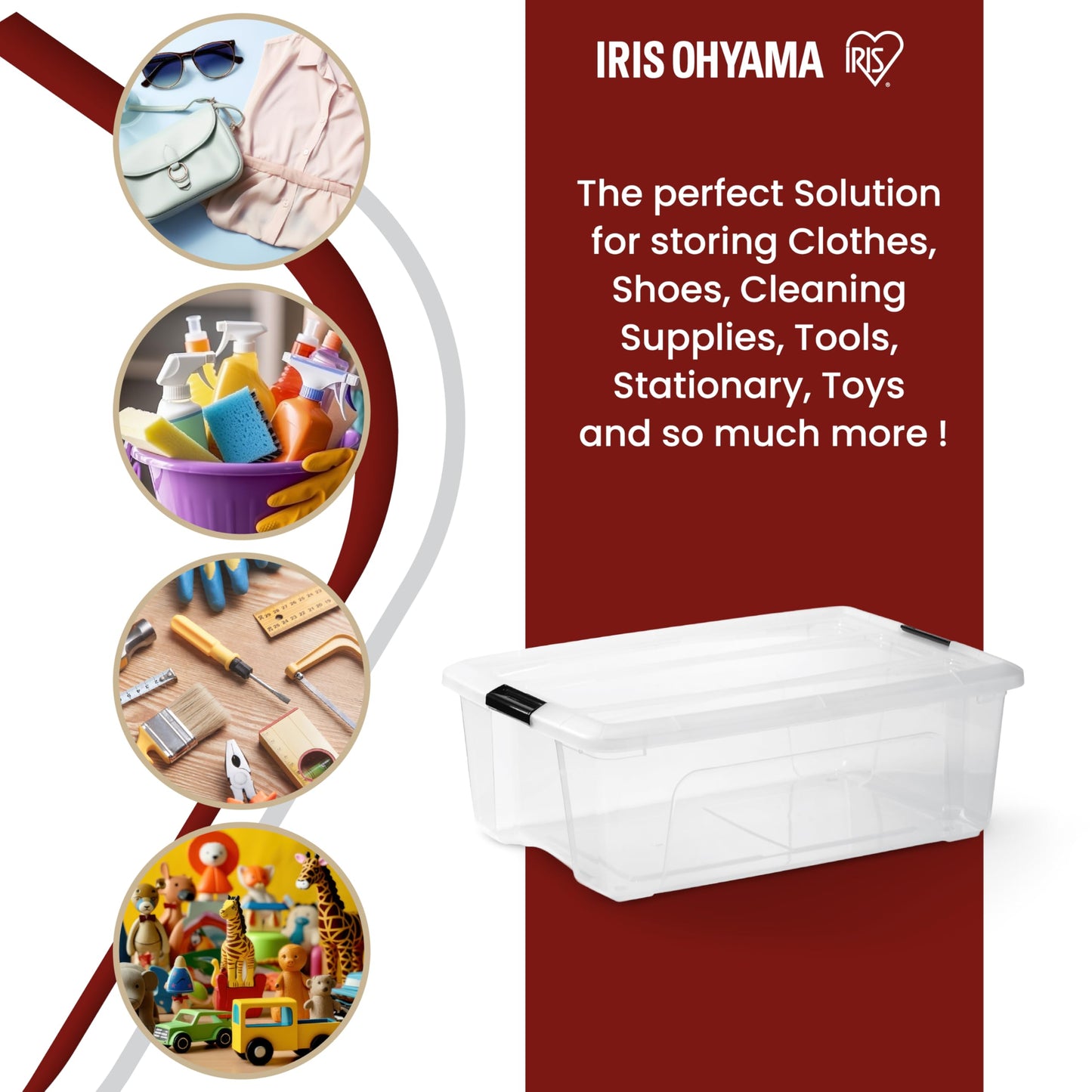 Iris Ohyama Storage Boxes with Lids, 30L, Set of 3, Transparent, Secure Closure, Stackable, Handles, Bedroom, Closet, Office, Organization, BPA Free Plastic, Organizer Boxes, NTB-30 - 104512