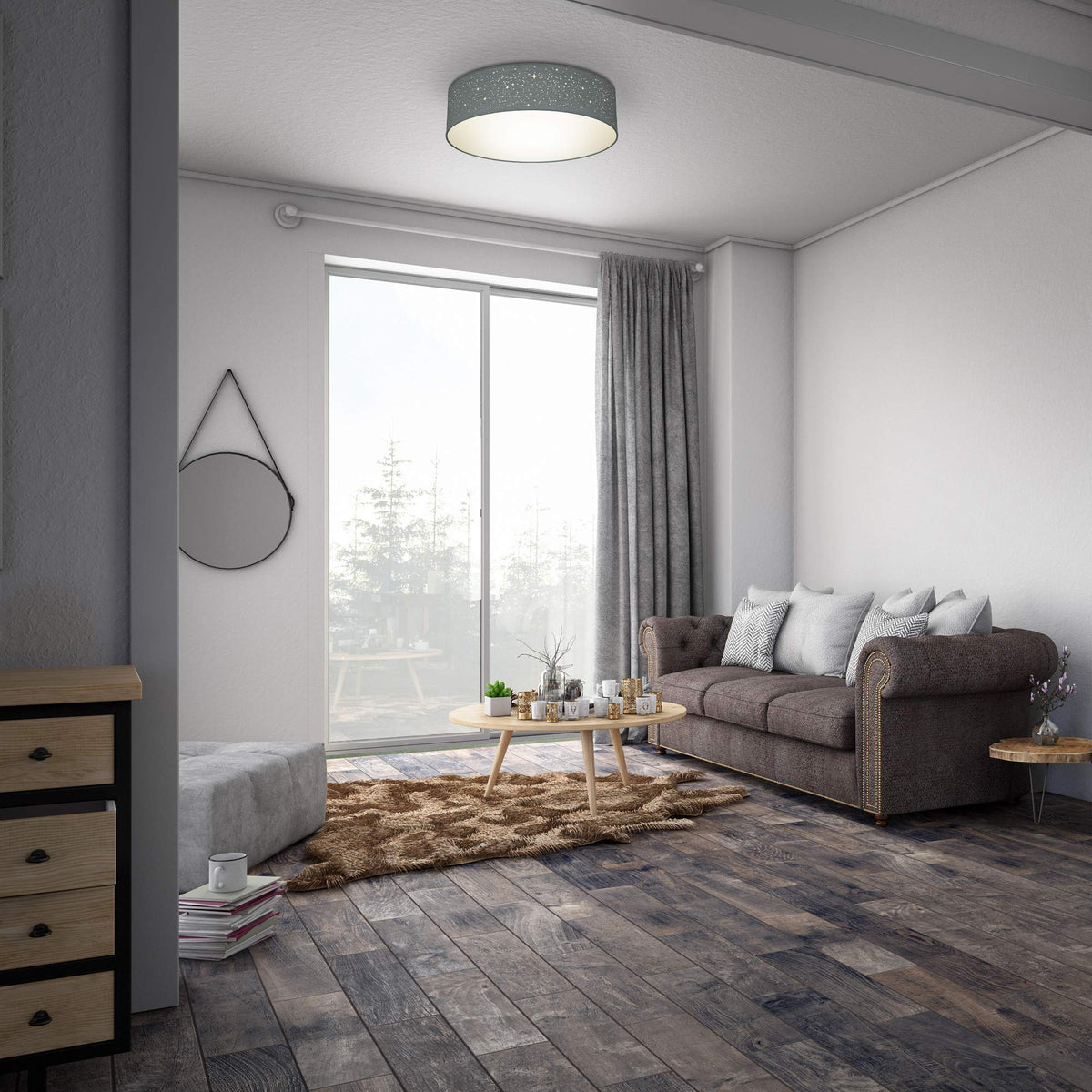 B.K.Licht - Ceiling lamp, lampshade with star effect, fabric lampshade, E27 socket, max. 40 watts, ceiling light, lamp, living room lamp, bedroom lamp, kitchen lamp, 38x10 cm, gray - BKL1346