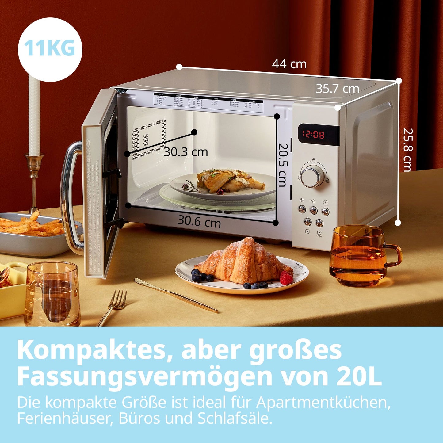Comfee CMSRO 20 di cr retro style microwave / retro microwave oven with 8 auto menus, 5 cooking power levels, express cooking button, express cooking button, 20L, 800W, Apricot Cream