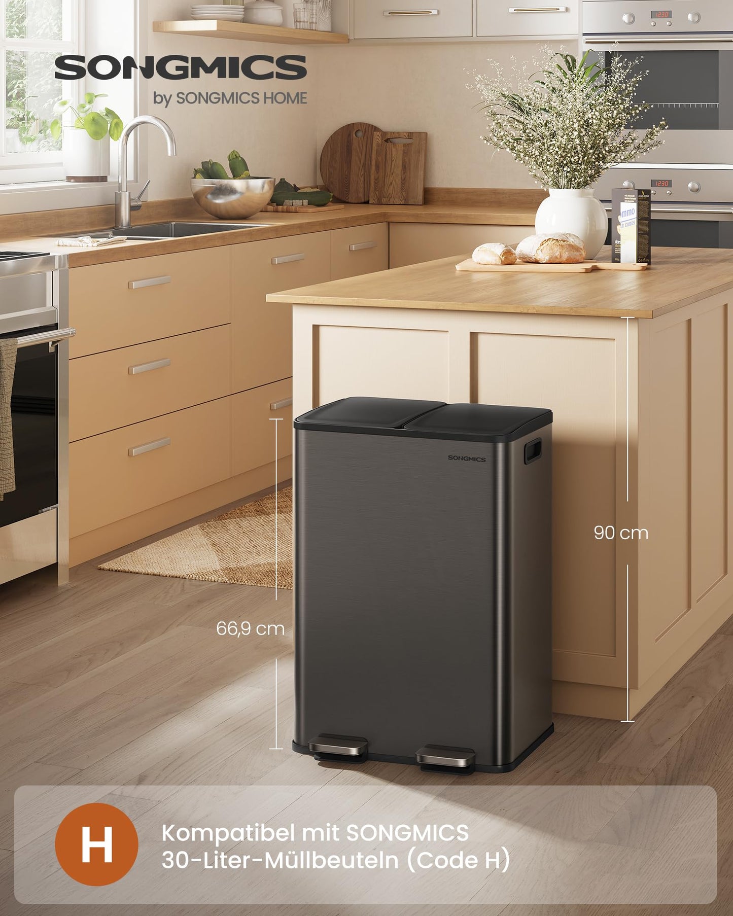 SONGMICS kitchen trash can, 2 x 30 liters, 2 compartments, trash can, pedal trash can, kitchen trash can with soft-close lid and inner bucket, stainless steel, including 15 trash bags, slate gray LTB741G01