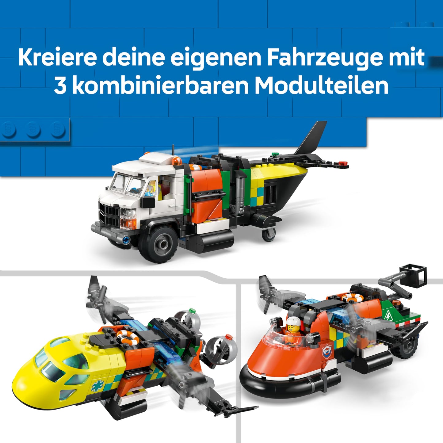 LEGO City combination set with airplane, maintenance vehicle and hovercraft - toy vehicle - mix & match model building with 3 minifigures - birthday gift for boys aged 7 and over - 60505