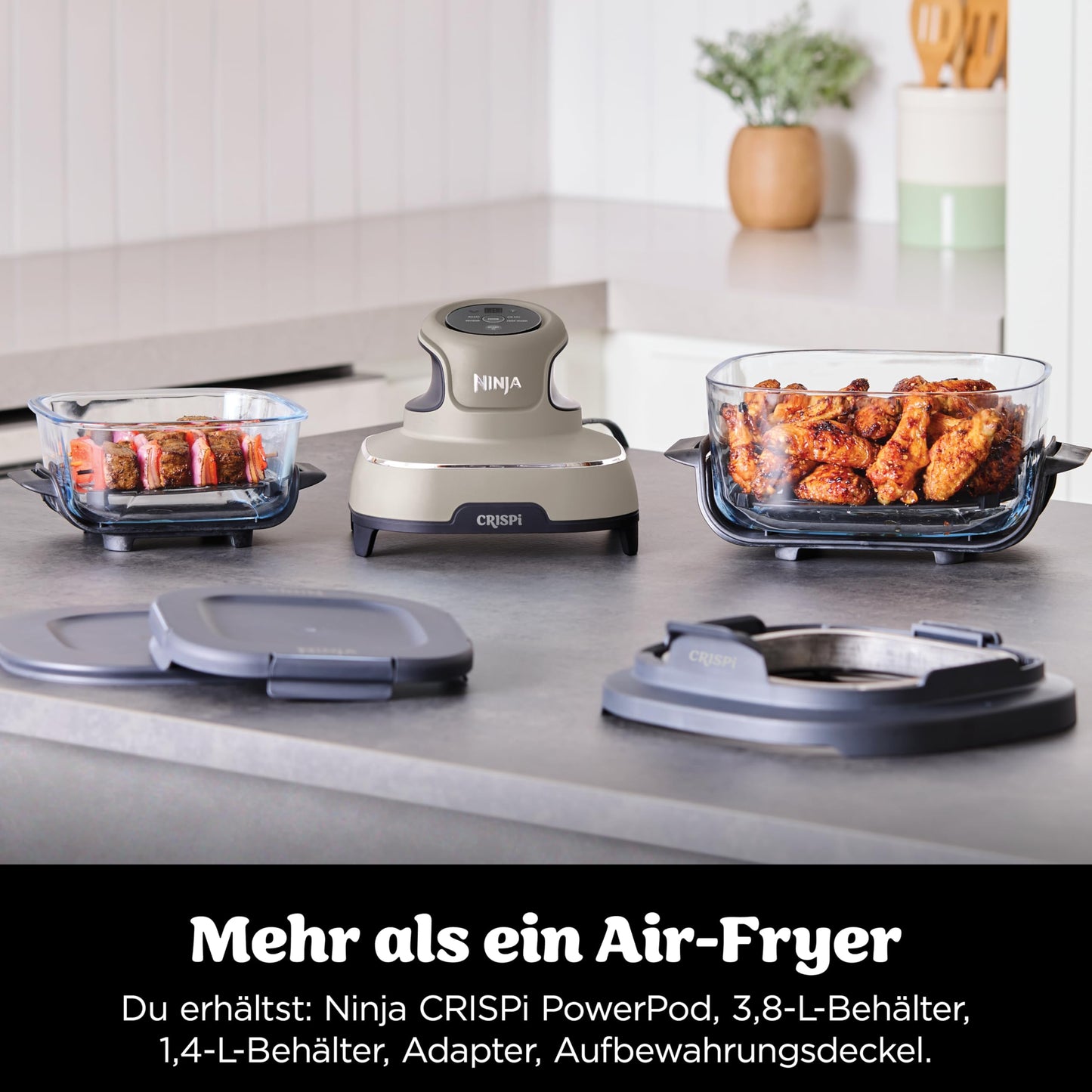 Ninja CRISPi Portable Air Fryer, 3.8L, 4-in-1: Air Frying, Roasting, Keeping Warm, Recrisp, Compact, 6 Servings, 2 Removable Glass Containers & Lids, 1700W, Stone FN101EUST