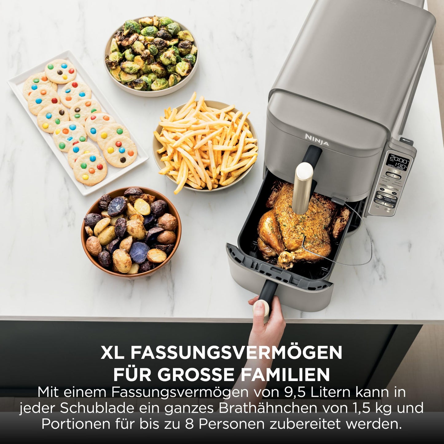 Ninja Double Stack XL Air Fryer with Digital Thermometer and 2 Vertical Drawers, 4 Tiers, and 2 Racks, 9.5L Capacity, 6 Functions, 8 Servings, Steingold SL451EUSD