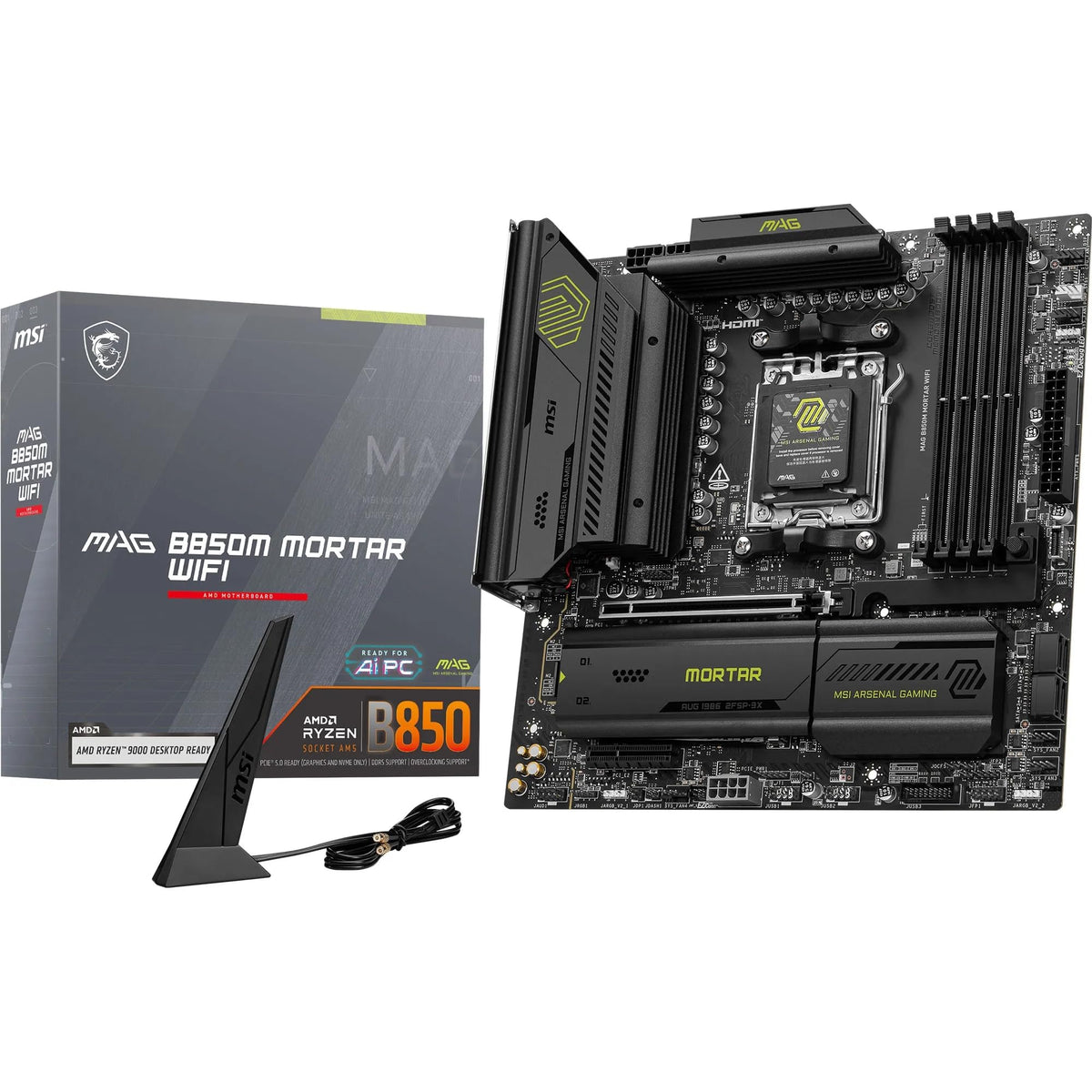 MSI MAG B850M Mortar WiFi Placă de bază, mATX - Suportă procesoare AMD Ryzen 9000/8000 / 7000, AM5-60A SPS VRM, DDR5 Memory Boost 8200+ MT/s (OC), PCIe 5.0 x16, M.2 Gen5, Wi-Fi 7, 5G LAN - 7E61-001R