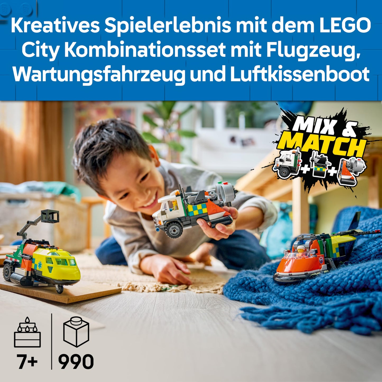 LEGO City combination set with airplane, maintenance vehicle and hovercraft - toy vehicle - mix & match model building with 3 minifigures - birthday gift for boys aged 7 and over - 60505