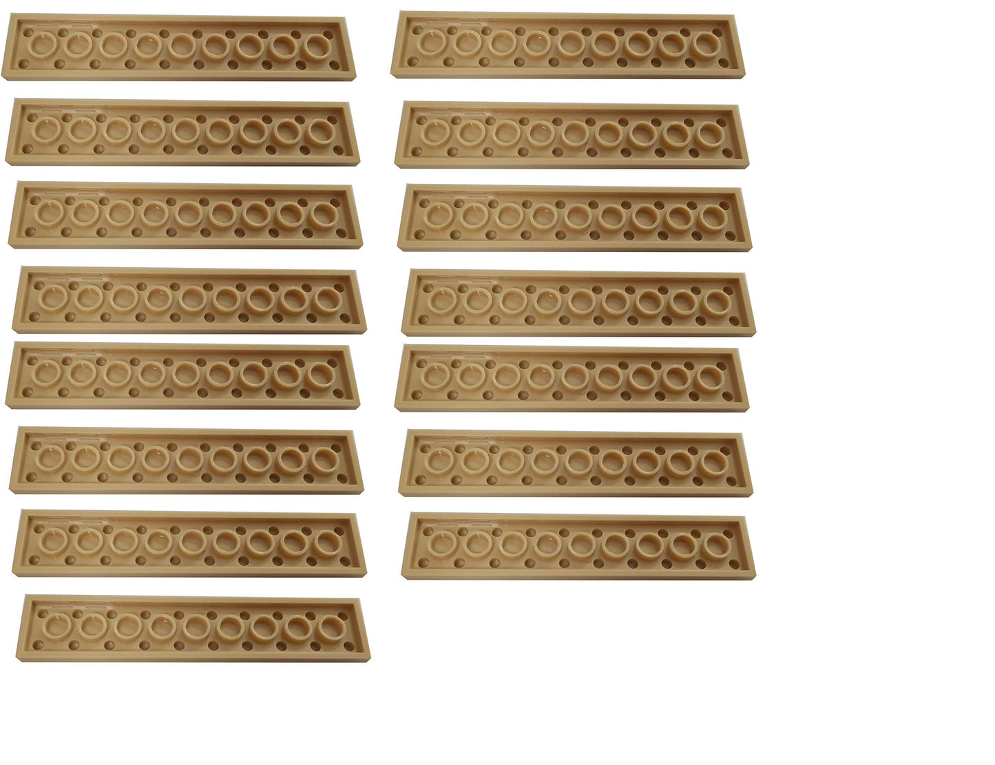 15 pieces of LEGO "Plate 2x10 studs" in beige.