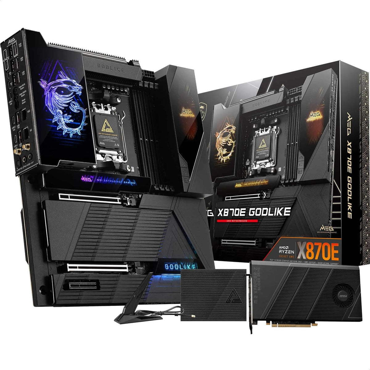 MSI MEG X870E GODLIKE, E-ATX - Supports AMD Ryzen 9000/8000/7000 processors, AM5 - Dynamic Dashboard III, 110A SPS, DDR5 memory (9000+ MT/s OC), M.2 & PCIe 5.0, USB4, Wi-Fi 7, 10G LAN - 7E48-001R