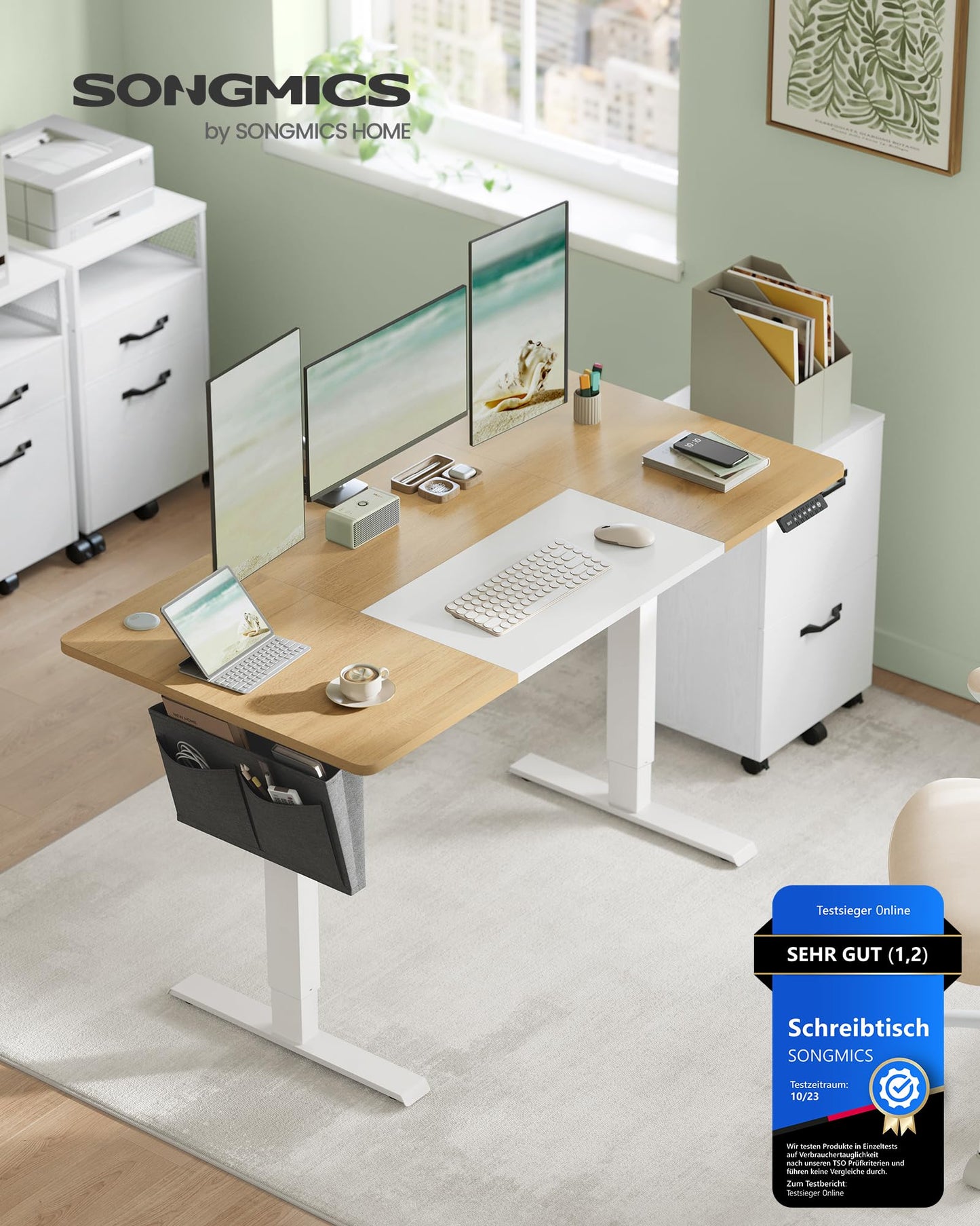 SONGMICS Electric height-adjustable desk, 140 x 60 cm, infinitely adjustable, memory function with 4 heights, natural oak color-matt white LSD016N01