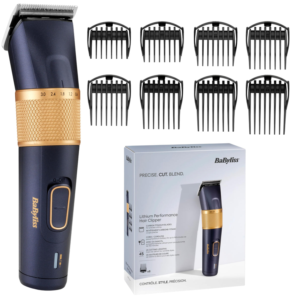 BaByliss Lithium Performance Hair Clipper – Cordless professional performance, 45 length settings (0.6–28 mm), lithium battery, dark blue/gold, E986E