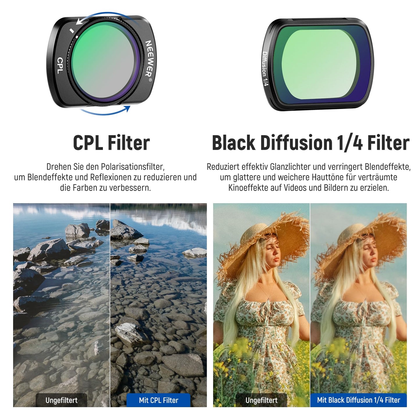 NEEWER filter set with 0.75x wide-angle lens 108° FOV, variable ND2-32 CPL 1/4 black diffusion filter compatible with DJI Osmo Pocket 3 / Pocket 4 / Xtra Muse accessories, FL-B09