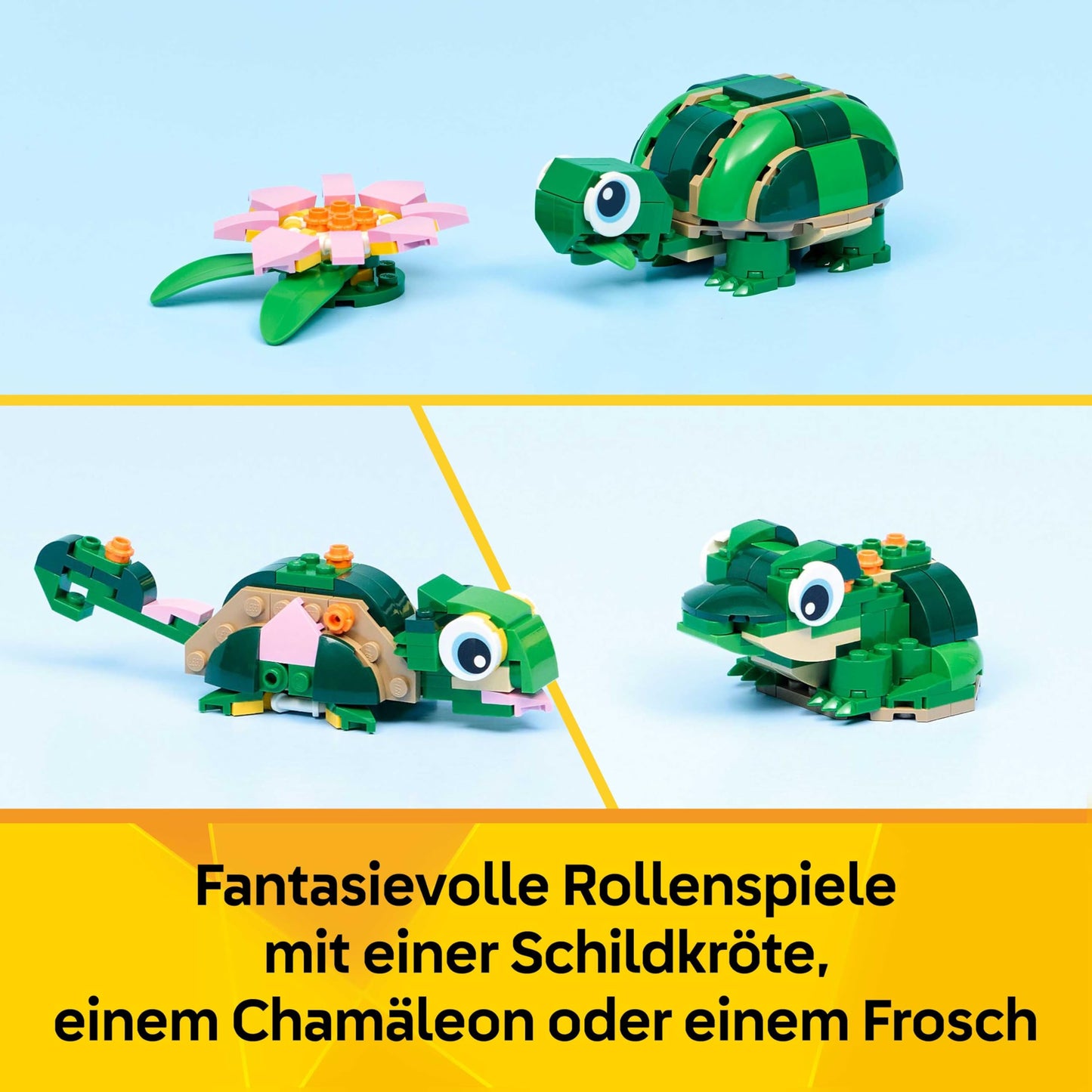 LEGO Creator 3in1 Turtle with a Water Lily Flower Toy - Animal Figure Transforms into a Chameleon or Frog - DIY Desk Decor Idea - Birthday Gift for 7+ Year Old Girls & Boys - 31377