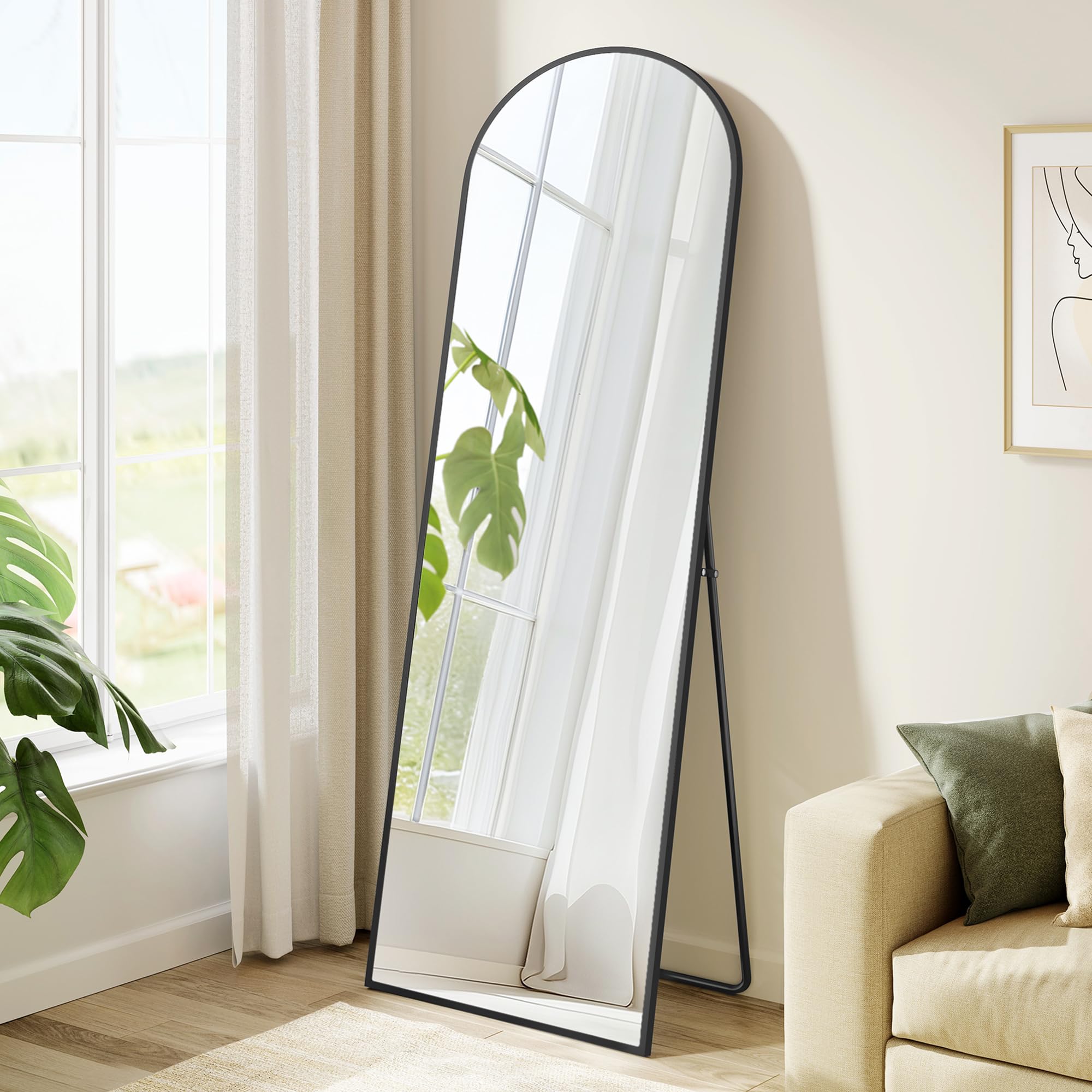 SONGMICS Full Length Mirror 150x40cm Arch Standing Mirror Aluminum Alloy Frame Tempered Glass for Bedroom Living Room Wardrobe Ink Black LFM035B01 - ULFM035B01