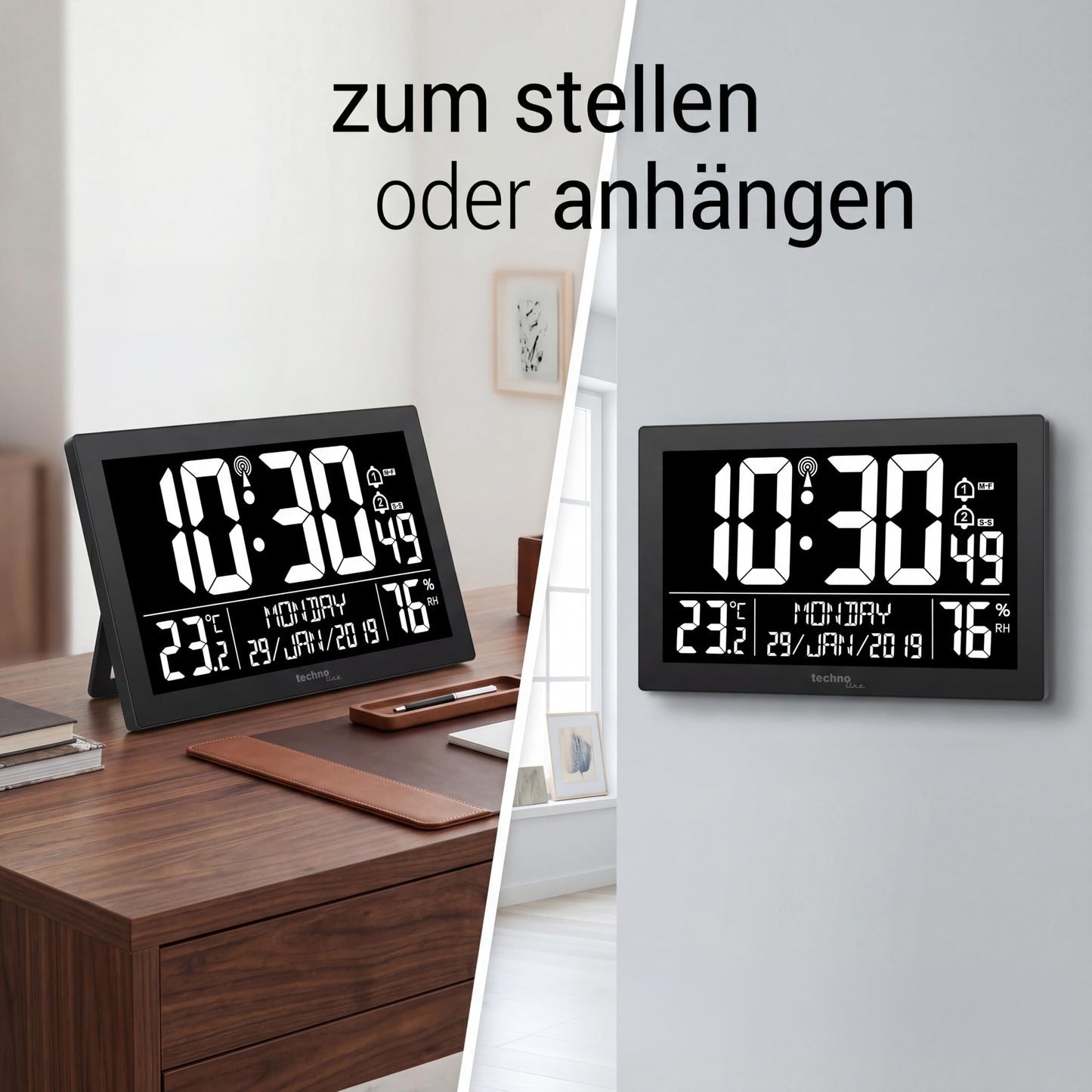 Technoline digital radio clock WS8017 with DCF77 - large LED display, temperature & humidity, 2 alarms with snooze function, calendar up to 2099, 12/24h format, table & wall clock with white LEDs