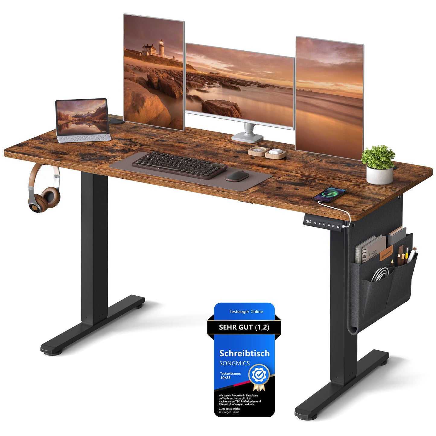 SONGMICS Electric height-adjustable desk, 140 x 60 cm, infinitely adjustable, memory function with 4 heights, vintage brown LSD134K01