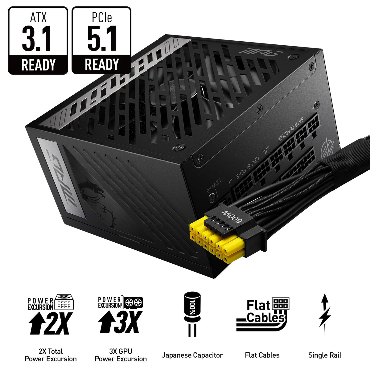 MSI MPG A850G PCIE5 Sursă de alimentare, conector EU - 850W, certificat 80 Plus Gold, complet modular ATX 3.0, suportă GPU PCIe 5.0, condensatori japonezi la 105°C, mod 0% RPM, cabluri plate