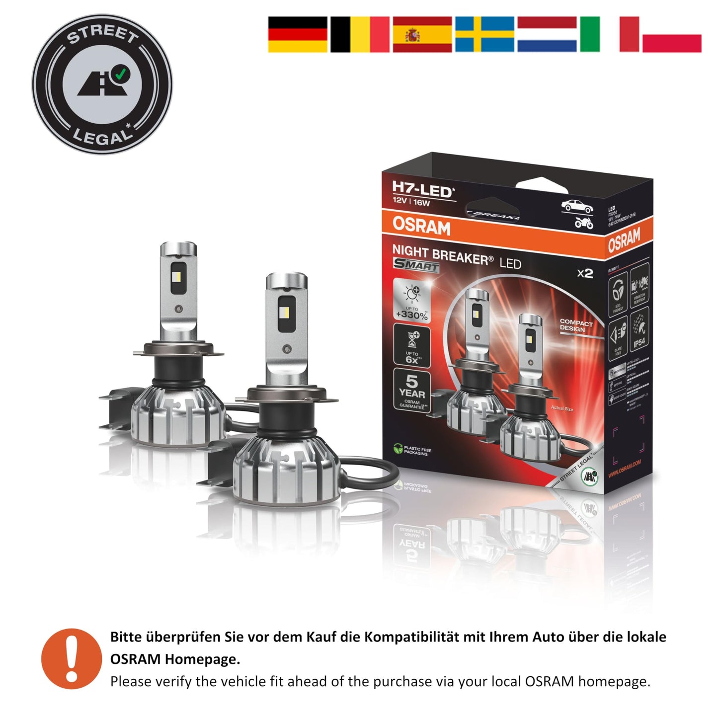 Osram NIGHT BREAKER LED SMART H7; up to 330% more brightness; 6000K, 12V, LED high and low beam with street approval, white - 64210DWNBSM-2HB