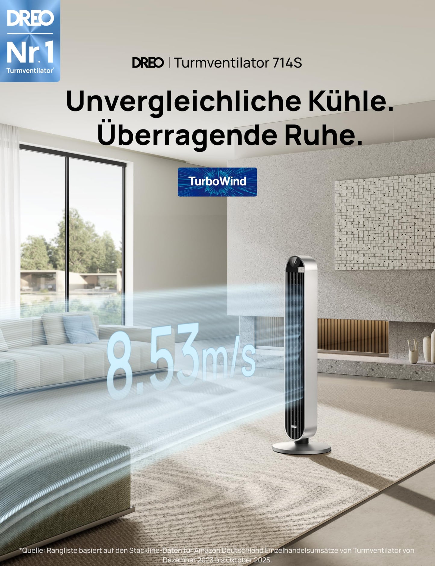 DREO Smart Tower Fan Very Quiet, 120° Oscillating Fan with Cooling, 25dB Stand Fan with Remote Control for Bedroom, 12 Speeds, 4 Modes, 12 Hour Timer, Pilot Max S - DR-HTF004S