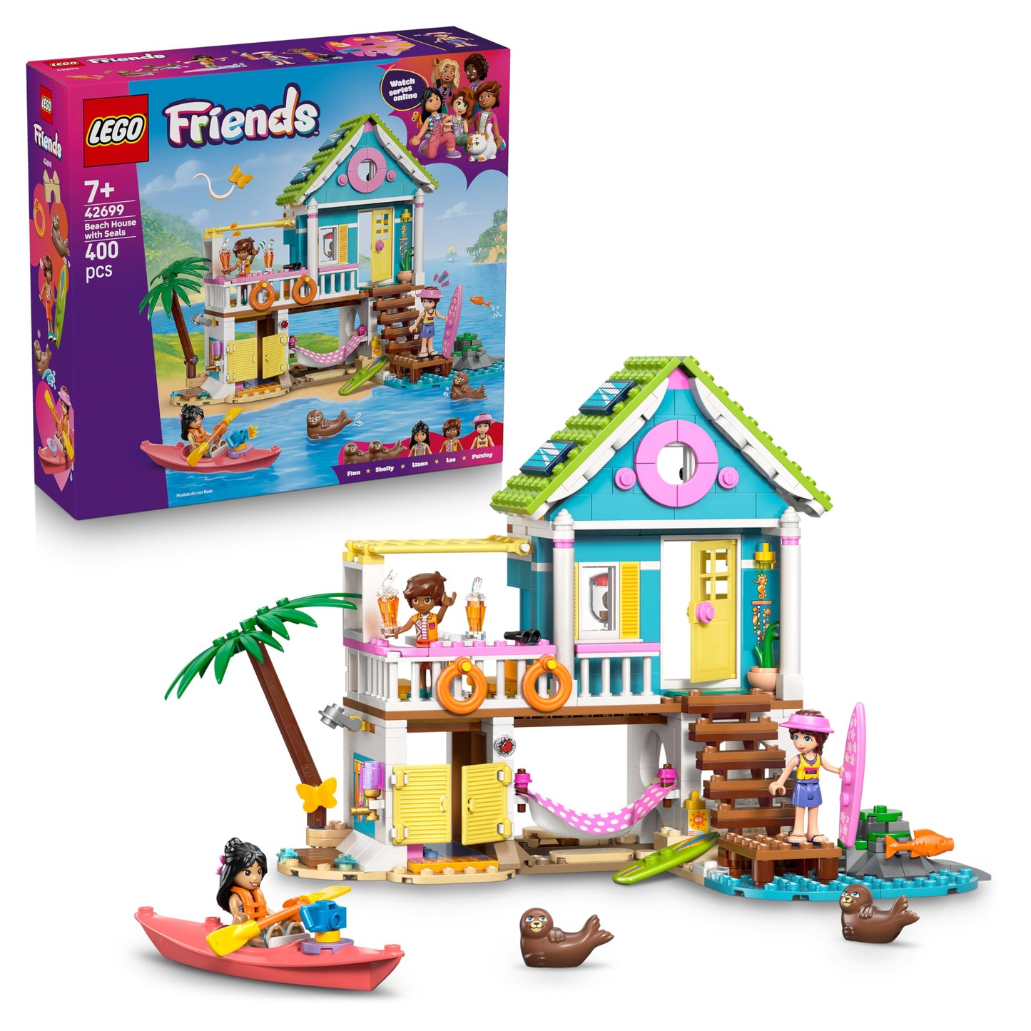 LEGO Friends beach house with seals - miniature playset with 3 mini dolls, 2 sea animal figures and accessories including surfboard and kayak - birthday gift for girls aged 7 and over - 42699