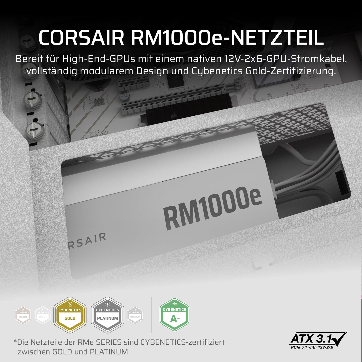 CORSAIR RM1000e (2025) Quiet Fully Modular ATX Power Supply with 12V 2x6 Cable - Zero RPM Fan Mode, ATX 3.1 Compliant, PCIe 5.1 Support, Cybenetics Gold - White - CP-9020294-EU