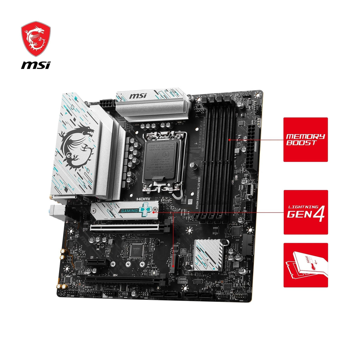 Placa de bază MSI B760M Gaming Plus WiFi, mATX - Suportă procesoare Intel Core din generațiile a 14-a, a 13-a și a 12-a, LGA 1700 - DDR5 6800+MHz/OC, 1x PCIe 4.0 x16, 2 x M.2 Gen4, LAN 2.5G, Wi-Fi 6E - 7D99-017R