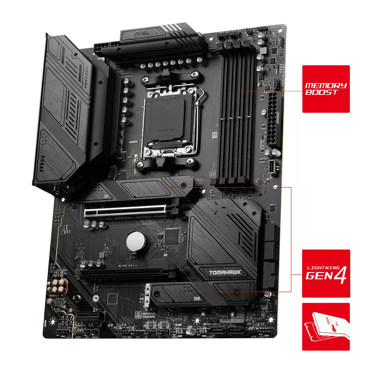 MSI MAG B650 Tomahawk WiFi Motherboard, ATX - Supports Ryzen 9000, 8000 & 7000 Series Processors, AM5-14 Duet Rail 80A VRM, DDR5 Memory Boost 6400+MHz/OC, 2 x PCIe 4.0 x16, 3X M.2 Gen4, Wi-Fi 6E - 7D75-001R