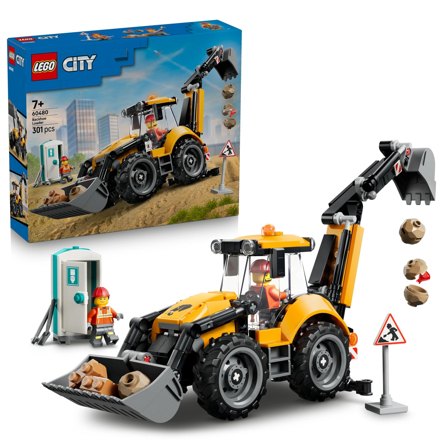 LEGO City Yellow Backhoe Loader - Construction Vehicle Toy - Tractor with 2 Minifigures, Working Front Shovel and Rear Excavator - Birthday Gift for Boys Ages 7 and Up - 60480
