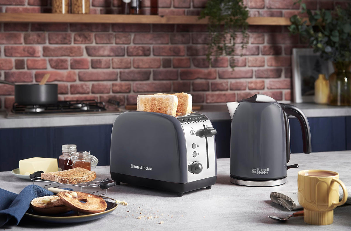 Russell Hobbs Toaster [for 2 slices] Colours Plus Stainless Steel Grey (extra wide toasting slots, includes bun warmer, 6 browning levels + defrost function, Lift & Look function, 1600W) 26552-56