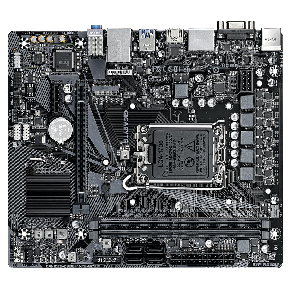 GIGABYTE H610M S2H V3 DDR4 Mainboard - Supports Intel Core processors 14th CPUs, 4+1+1 Hybrid Digital VRM, up to 3200MHz DDR4, 1xPCIe 3.0 M.2, GbE LAN, USB 3.2 Gen 1