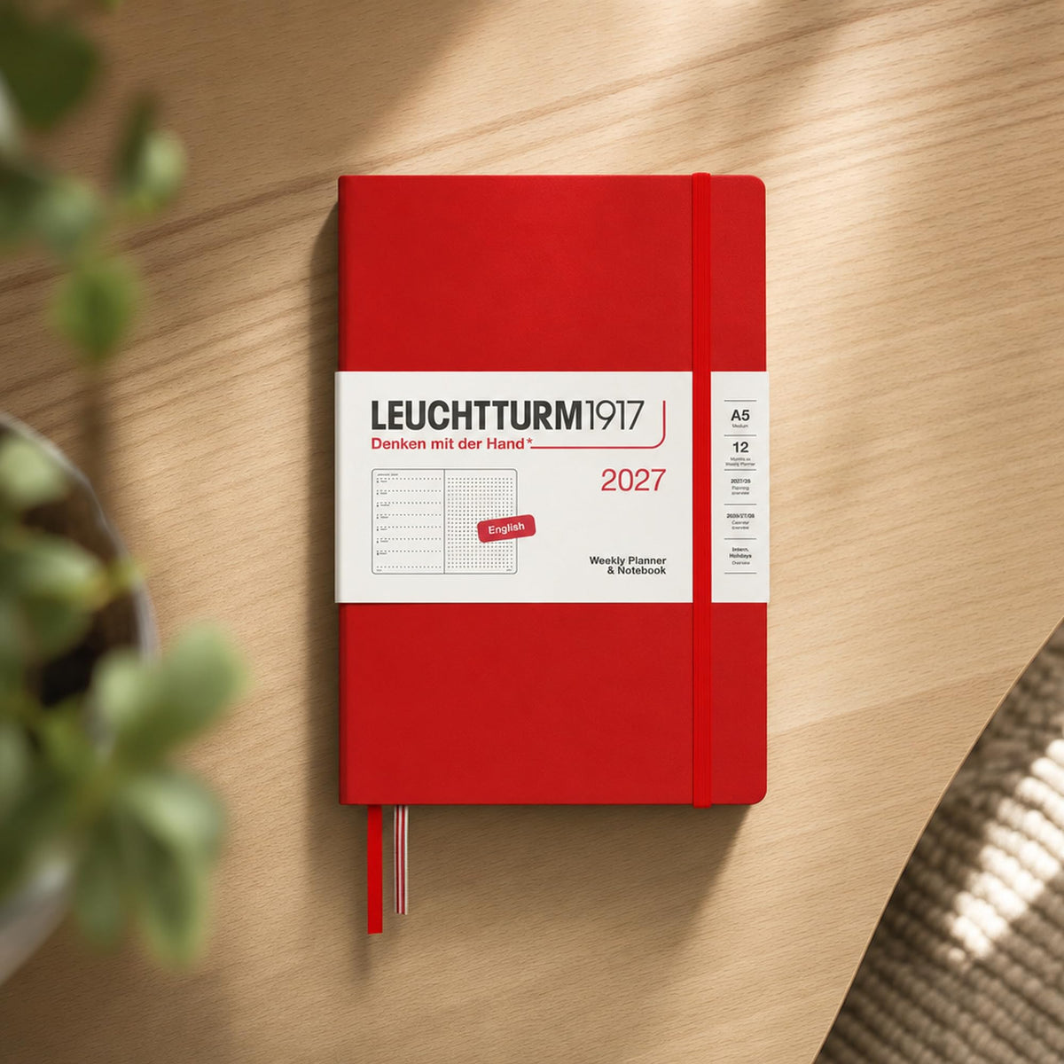 LEUCHTTURM1917 calendar săptămânal 2027 punctat mediu (A5) cu caiet, punctat - planificator de întâlniri engleză, cireș, cartonat, 145 x 210 mm, ianuarie-decembrie 2027, prezentare săptămânală în stânga + pagina de note în dreapta - 400259