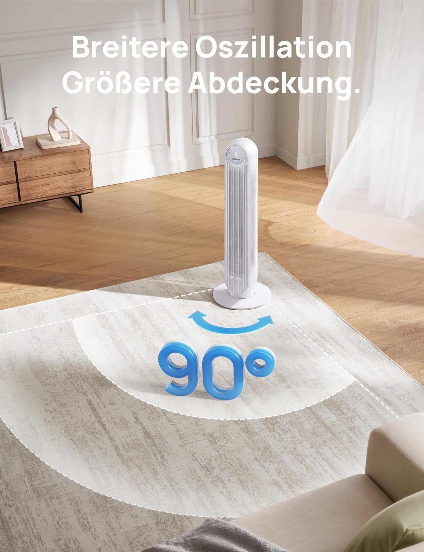 DREO 20dB Quiet Tower Fan, 10m Throw 4 Speed Levels 4 Modes 8 Hour Timer 90° Oscillating Fan with Cooling Remote Control for Bedroom, Nomad One, White - DR-HTF007