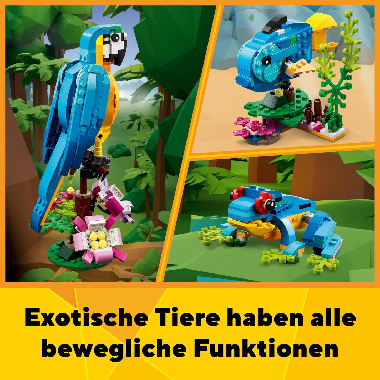 LEGO Creator 3in1 Exotic Parrot - Construction toy with THREE animal figures - Toy with parrot, fish and frog minifigures - Creative gift for girls and boys aged 7 and up 31136