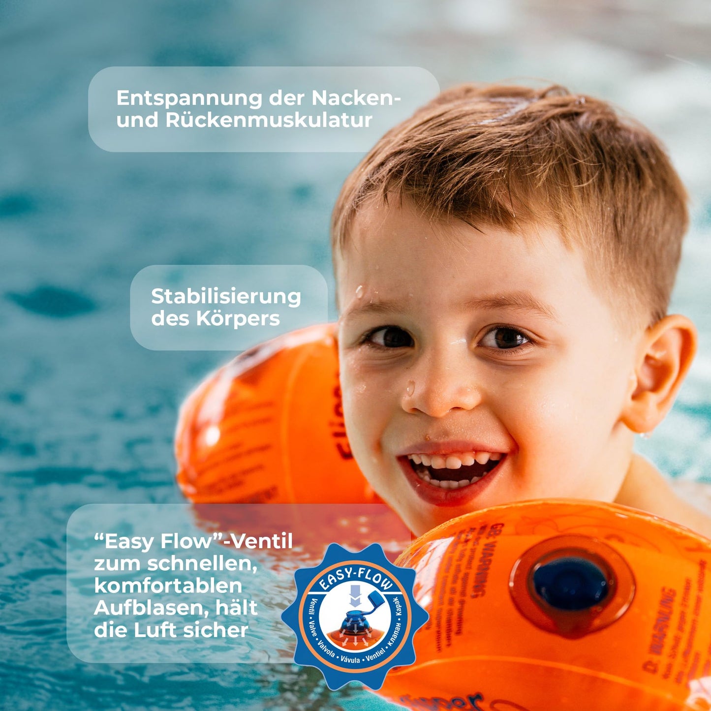 Flipper SwimSafe 1024 - swimming aid for babies aged 1 year and over, water wings with unbreakable PE foam core, including dolphin toy, orange