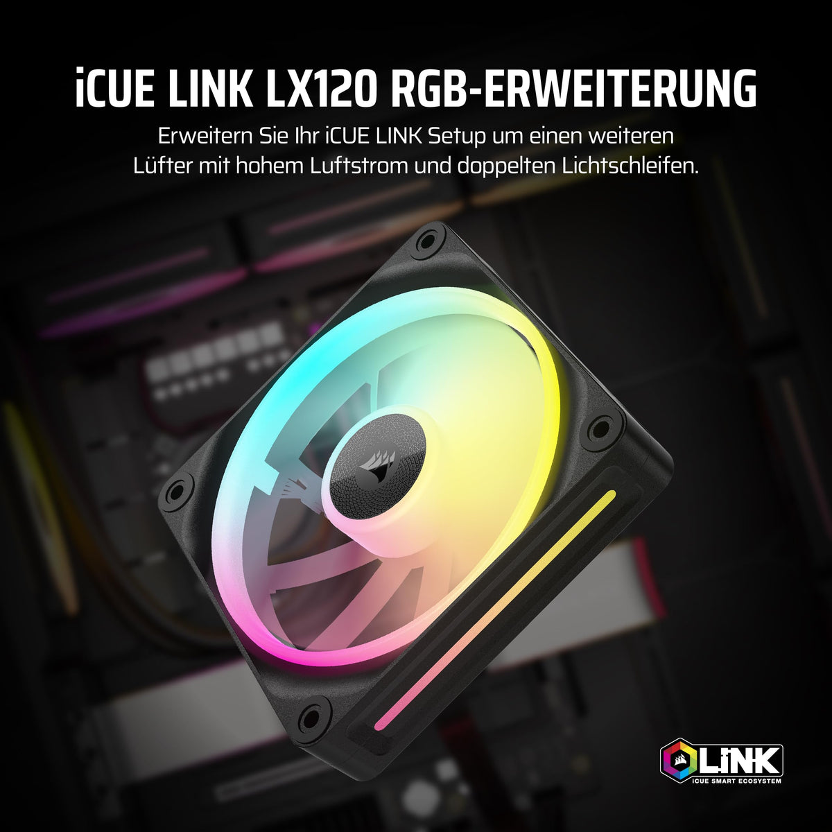 CORSAIR iCUE LINK LX120 RGB ventilator de 120mm PWM – Pachet unic – Dual Light Loops – Necesită hub de sistem iCUE LINK (Disponibil separat) – Tehnologie CORSAIR AirGuide – Negru - CO-9051025-WW