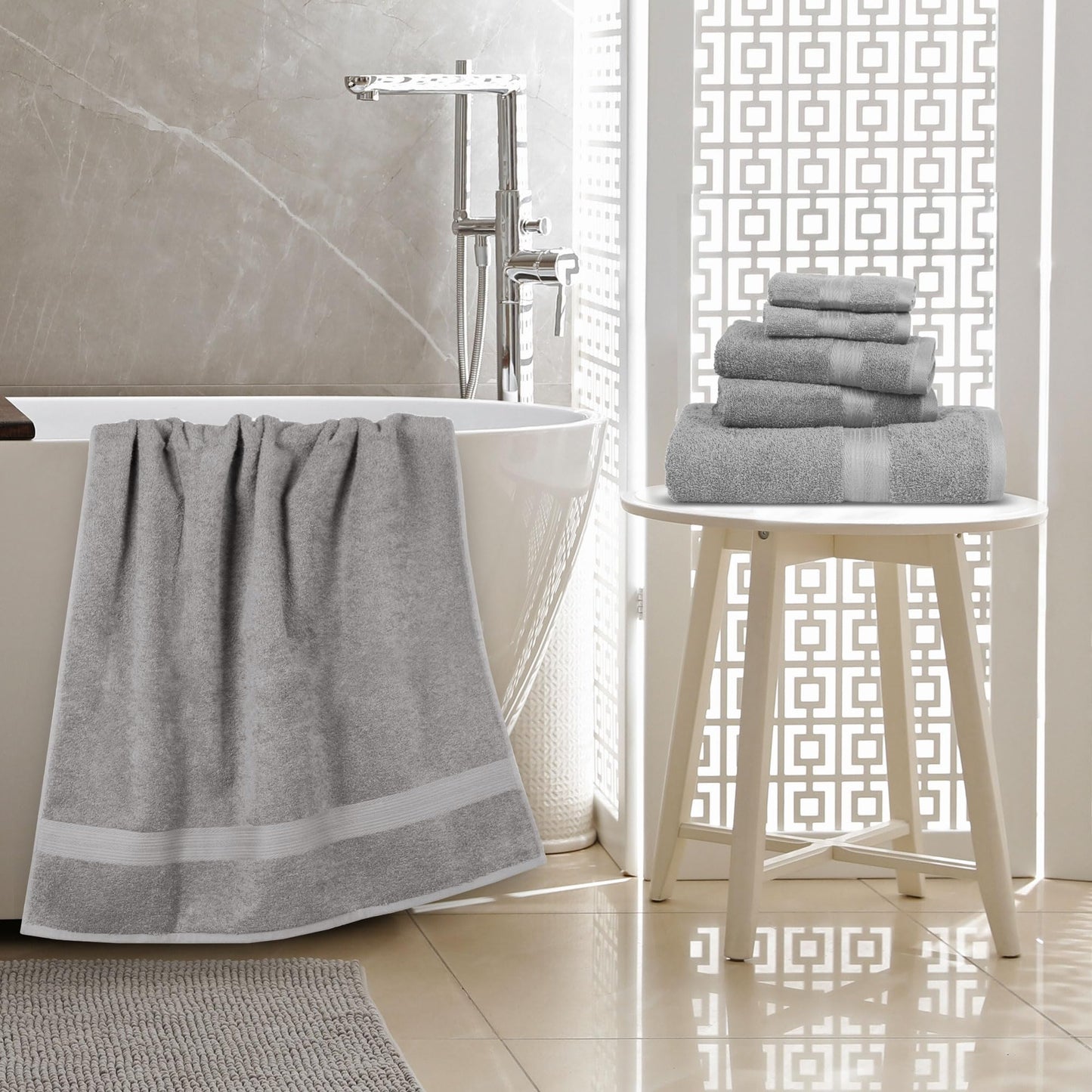Amazon Basics Towel Set 6 Pieces 100% Cotton Fade Resistant Soft 2 Bath Towels + 2 Hand Towels + 2 Wash Cloths Gray - ABFR-6P-GY