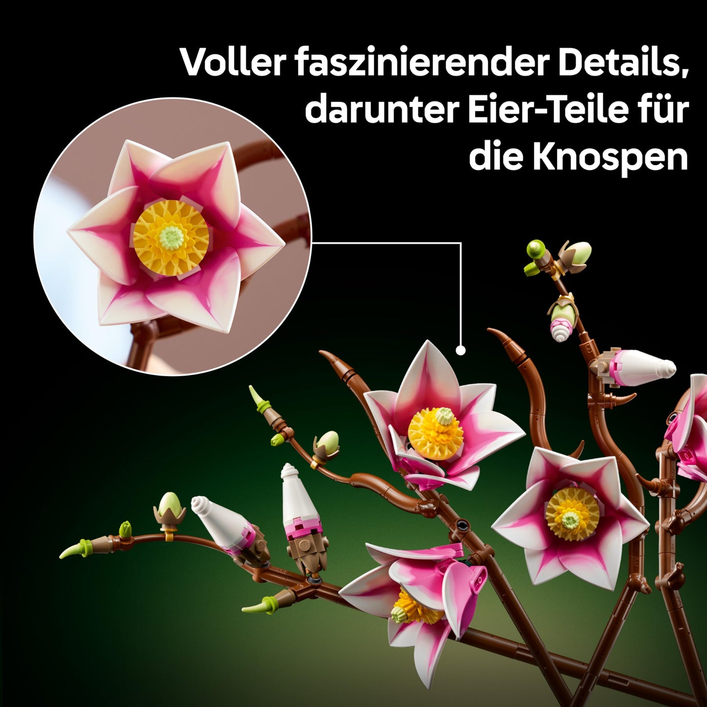 LEGO Botanicals Magnolia Branches - Artificial Flower Set for Adults - 5 Artificial Magnolias for Decoration in the Living Room or Bedroom - DIY Gift Idea for Women - 11510