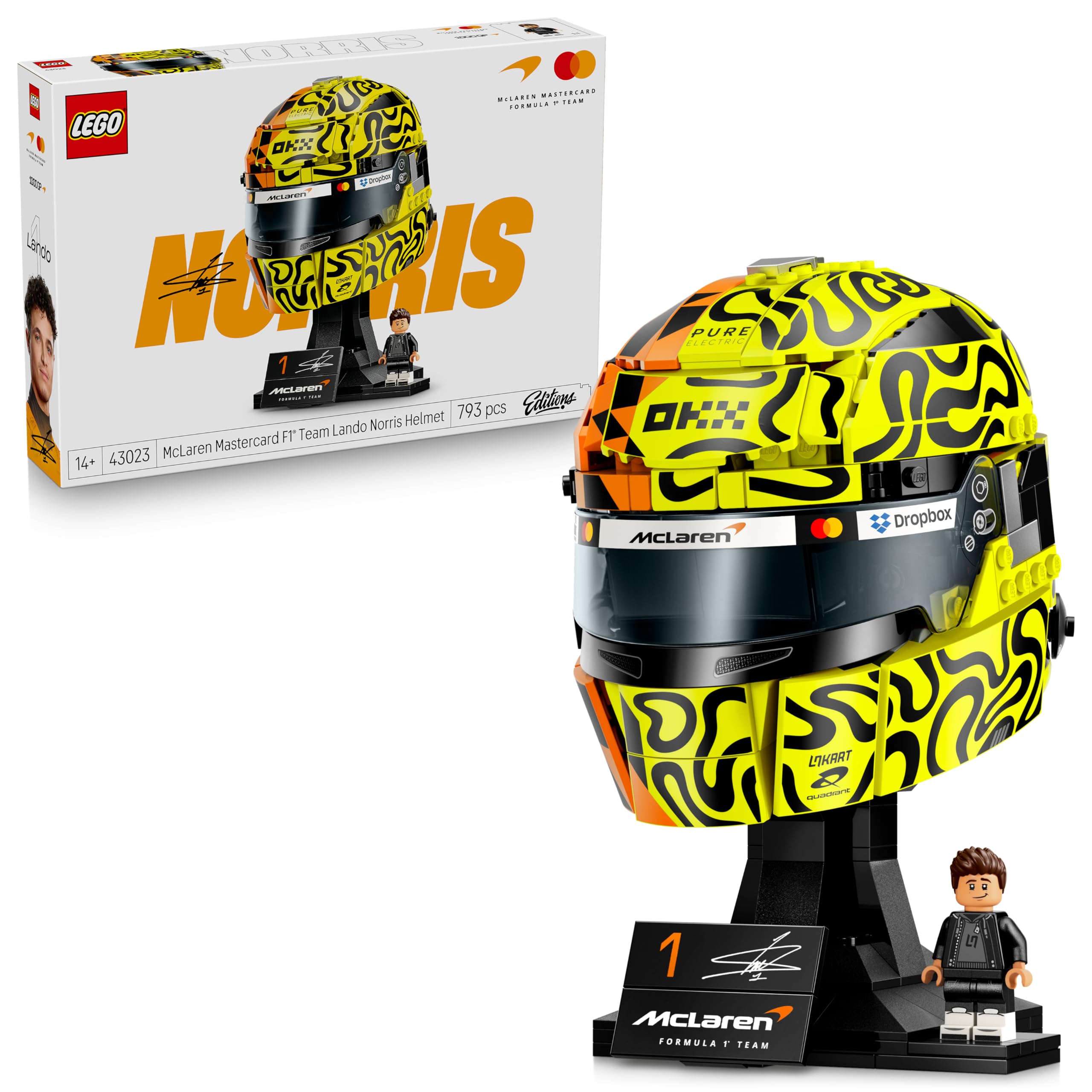 LEGO Editions McLaren MasterCard F1 Team Lando Norris' Helmet - F1 fan item - model building with collectible minifigure - gift for boys aged 14 and over & adult motorsport fans - 43023
