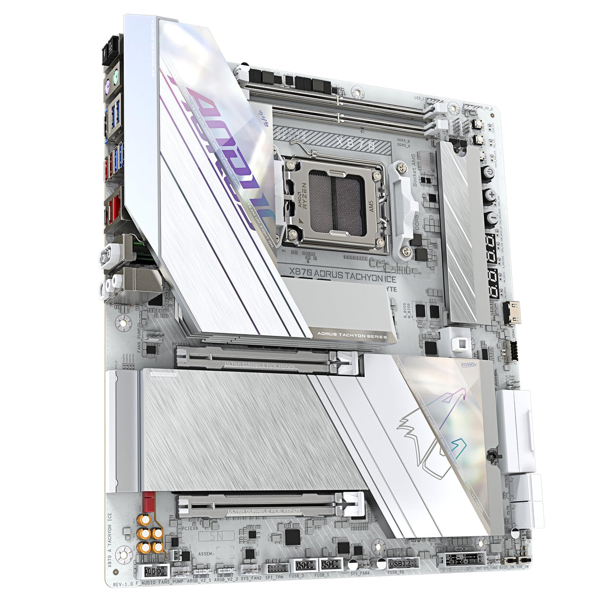 GIGABYTE X870 AORUS Tachyon Ice Mainboard – Supports AMD Ryzen 9000 CPUs, Digital 18+2+2 Phase VRM, up to 9600 MHz DDR5 (OC), 1 x PCIe 5.0 + 2 x PCIe 4.0, Wi-Fi 7, 5 GbE LAN, USB 4