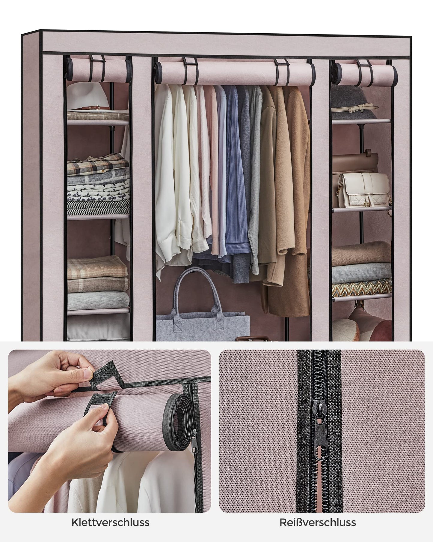 Songmics Fabric Wardrobe Portable Bedroom Clothes Rack with Fabric Cover 45 x 150 x 175 cm 12 Compartments Metal Structure Pink (Powder Pink) LSF003P02